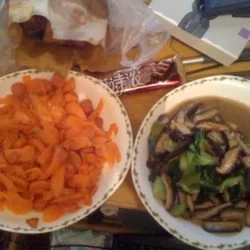 Carrot sausage, vegetables and mushrooms, Mu cooked for me.