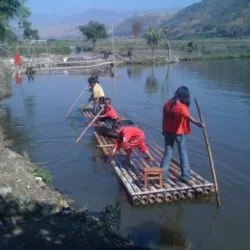 Kids are playing with raft.