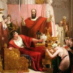 达摩克里斯Damocles觉得自己的国王Dionysius拥有无上的权利一定很幸福，国王答应与其交换位置。当他坐上王座的时候发现头顶悬着一把利剑随时会落下刺死自己，于是逃走再也不羡慕权贵，更加珍惜自己的生活。